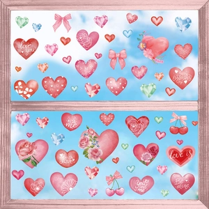 Valentine's Day heart and rose window decals on a wooden window with a blue sky background