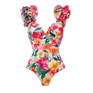 Women's ruffle shoulder floral one-piece swimsuit with vibrant floral pattern in colorful print