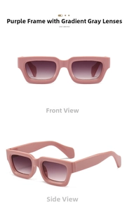 Detailed front and 45-degree angle views of vintage thick square purple pink sunglasses