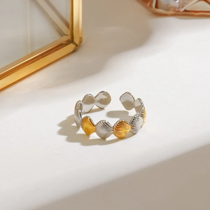 Elegant 18k gold and silver two-tone stainless steel shell-shaped open ring for women