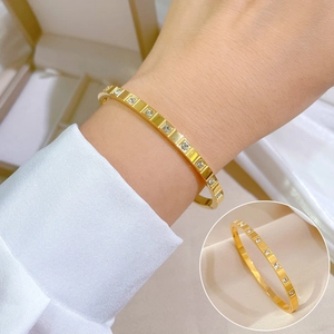 Elegant gold titanium steel bangle with pave diamonds shown on wrist with detail view