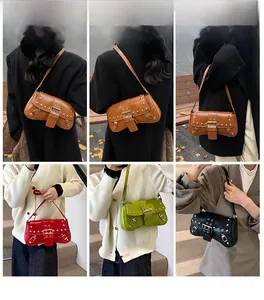 Detailed views of vintage punk shoulder bags with metal rivets in multiple colors