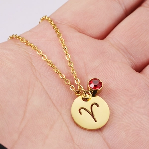 Gold Aries zodiac necklace featuring a circular pendant and a sparkling red birthstone