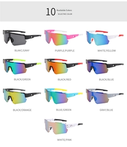 Vista detallada de diez gafas de ciclismo coloridas con protección UV400 y monturas grandes
