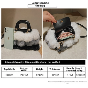 Size chart for plush faux fur handbag with leather handle and metal chain strap details