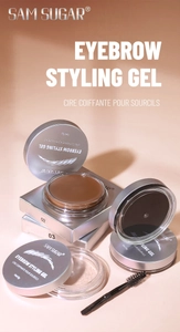 Macro shot of 5g brow wax tins in clear, brown, and black with double-headed brow brush