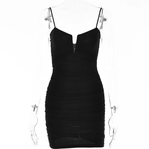 Sexy black V-neck mini dress with ruched bodycon design and backless style for women