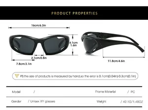 Size guide for Y2K sports sunglasses showing detailed frame dimensions and specifications