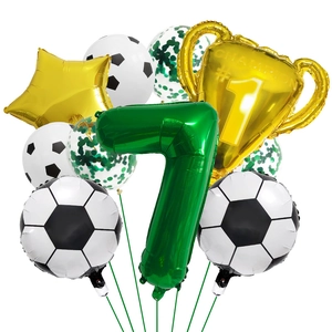 Soccer theme birthday balloon set with number 7, gold trophy and star decorations