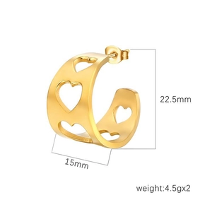 Golden cutout heart C-shaped earrings in polished steel with size measurements