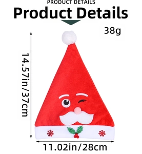 Detail view of plush Santa hat with sequined holly and 37cm height dimensions