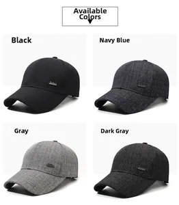 Four-color display of men's cotton baseball caps with metal side label details