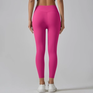 Rear view of bright rose high-waist yoga leggings with V-shaped seam for hip lifting