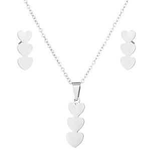 Silver triple heart necklace and matching earrings set on clean white background