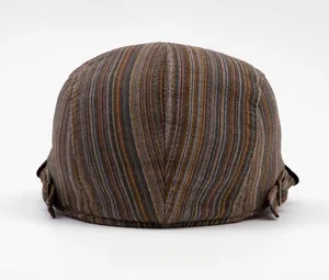 Rear view of colorful striped newsboy cap with adjustable metal side buckles