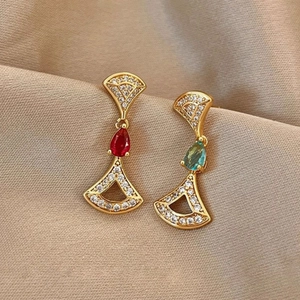 14K gold plated fan-shaped drop earrings with zircon crystals and pear-cut gemstones