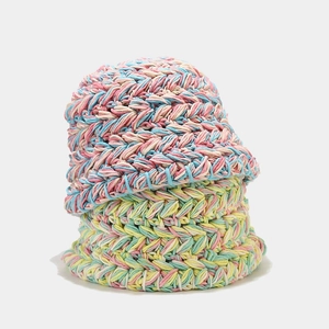 Handmade mixed color crochet bucket hat with thick knit texture for winter warmth