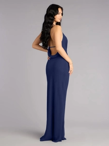 Navy blue backless maxi dress in satin with a deep V-neck and elegant strap details
