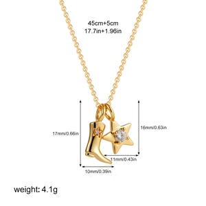 Detail of 18K gold boot and horseshoe pendant necklace with clear zircon and dimensions