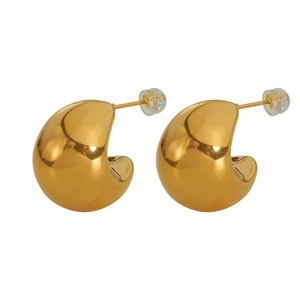 Polished gold hollow C-shaped drop earrings with a glossy metallic mirror finish