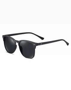 Detail shot of matte black polarized sunglasses with silver oval metal accents on the temple