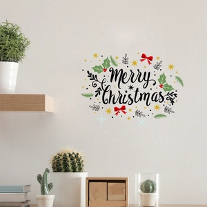 Festive Merry Christmas wall stickers with green plants and cozy holiday home decor
