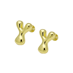 Detailed view of polished golden bubble letter Y earring with metallic reflections