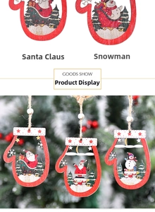 Detail of wooden Christmas glove ornaments featuring painted Santa and snowman designs