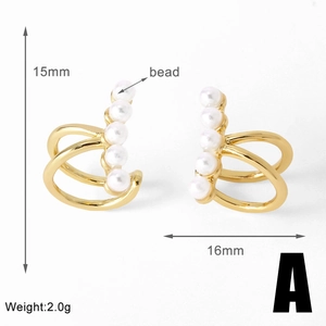 Close-up of double-layered C-shaped gold ear cuffs with inlaid white pearls and dimensions
