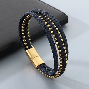 Men's multilayer navy leather cord bracelet with gold beads and magnetic steel clasp