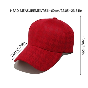 Red houndstooth baseball cap details with head circumference 56-60cm and 13cm height