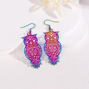 Hollow Owl Dangle Earrings Stainless Steel Rainbow Colorful Cutout Fashion Jewelry For Women