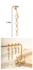 Macro view of gold heart navel ring with zircon flower tassels and 5.68cm size details