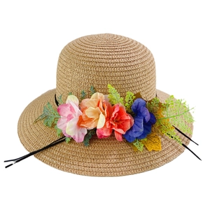 Foldable straw sun hat with colorful floral decoration and adjustable chin strap