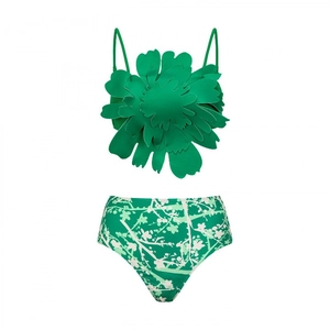 Deep green 2-piece bikini set with 3D floral applique and high-waist floral print