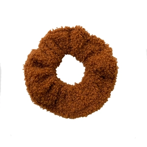 Deep caramel teddy faux fur scrunchie with soft fluffy texture for women's hair