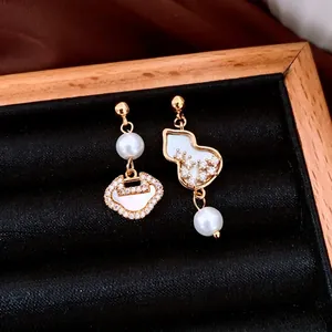 Asymmetric Gourd Ruyi Lock Drop Earrings Gold Plated Zircon Mother Of Artificial Pearl Faux Artificial Pearl And 925 Sterling Silver Earring Post