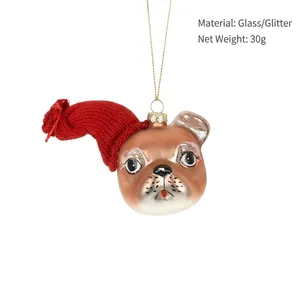 Detail of French Bulldog Christmas glass ornament with dimensions and 30g weight spec