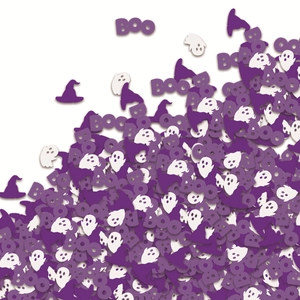 Halloween party confetti with purple witch hats, white ghosts, and BOO letters for decor