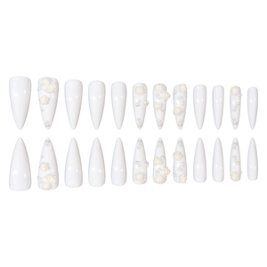 White almond press-on nails with 3D embossed roses and pearl accents for weddings