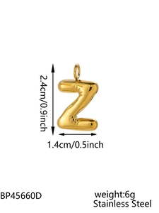 Macro detail of a gold puffy balloon letter Z pendant showing dimensions and weight