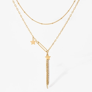 Gold double-layered stainless steel necklace with star pendants and rhinestone tassel