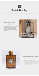 Detail of amber glass diffuser bottle with natural agate stone and golden metal trim