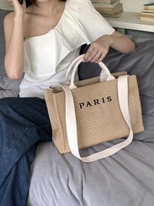 Women Straw Woven Tote Bag PARIS Embroidery Large Capacity Beach Vacation Handbag With Shoulder Strap Casual