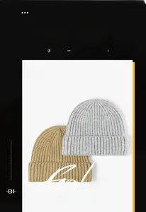 Detailed close-up of ribbed texture on gray and beige winter knitted wool beanies