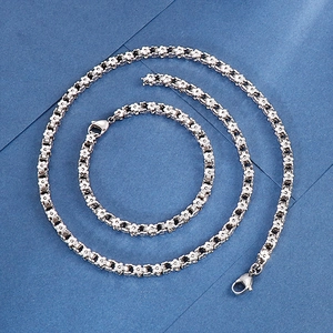 Men's stainless steel flower link chain set with lobster clasp necklace and bracelet
