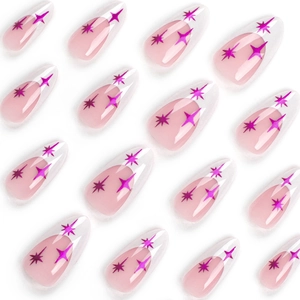 French white tip almond press on nails with purple laser star designs in Y2K style