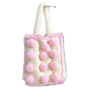 Large capacity autumn winter plush tote bag with pink pom poms and soft furry details