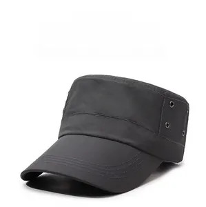 Detailed side view of dark grey flat top sun hat showing breathable metal eyelets