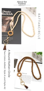Detail view of handmade beaded lanyards with wood beads, woven rings and stylish tassels